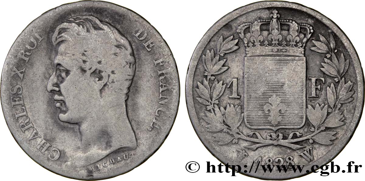 1 franc Charles X, matrice du revers à cinq feuilles 1828 Lille F.207/48 VG8 