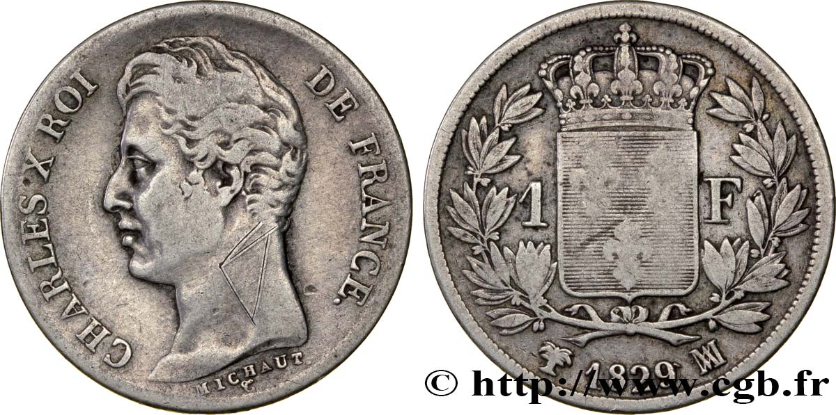1 franc Charles X, matrice du revers à cinq feuilles 1829 Marseille F.207/53 VF20 