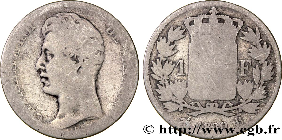 1 franc Charles X, matrice du revers à cinq feuilles 1830 Rouen F.207/55 G6 