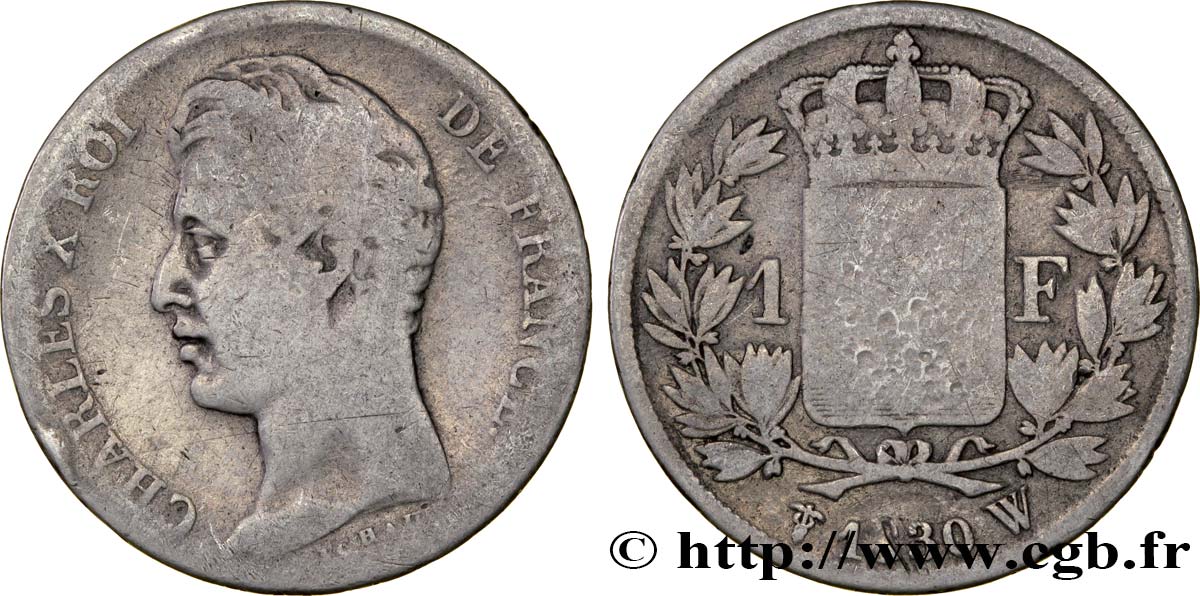 1 franc Charles X, matrice du revers à cinq feuilles 1830 Lille F.207/57 VG11 