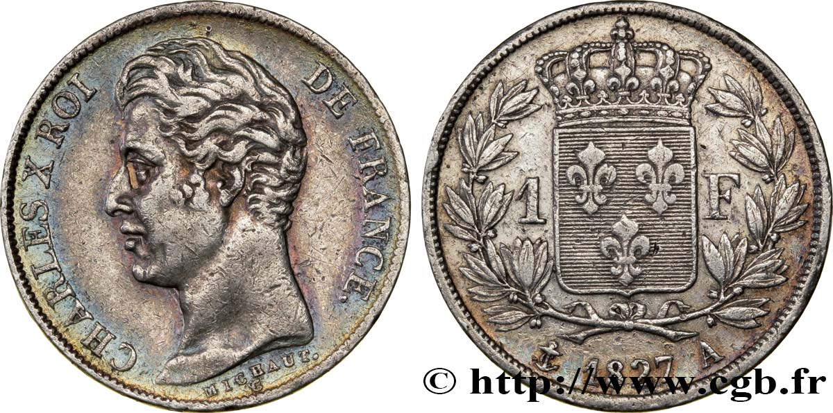 1 franc Charles X, matrice du revers à quatre feuilles 1827 Paris F.207A/1 MBC45 