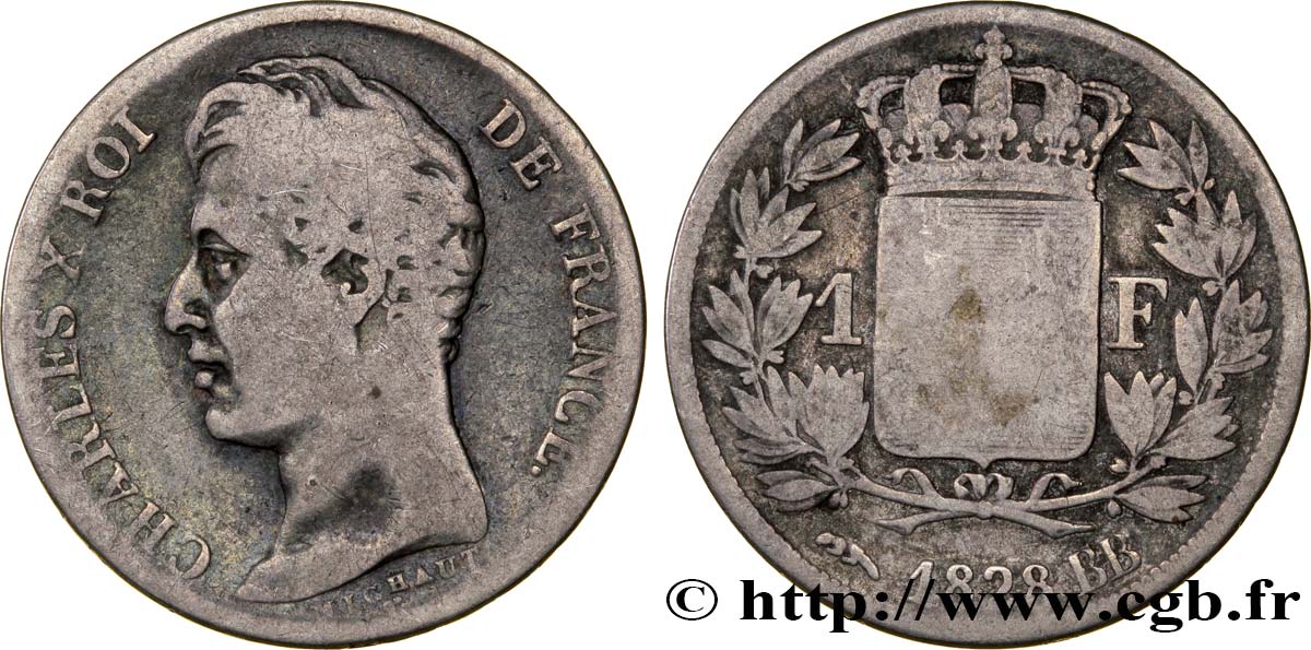 1 franc Charles X, matrice du revers à quatre feuilles 1828 Strasbourg F.207A/5 RC12 