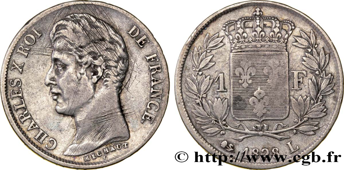 1 franc Charles X, matrice du revers à quatre feuilles 1828 Bayonne F.207A/8 TB25 