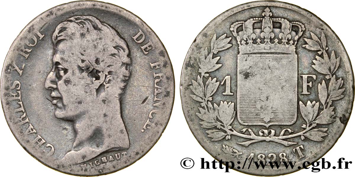 1 franc Charles X, matrice du revers à quatre feuilles 1828 Nantes F.207A/11 S15 