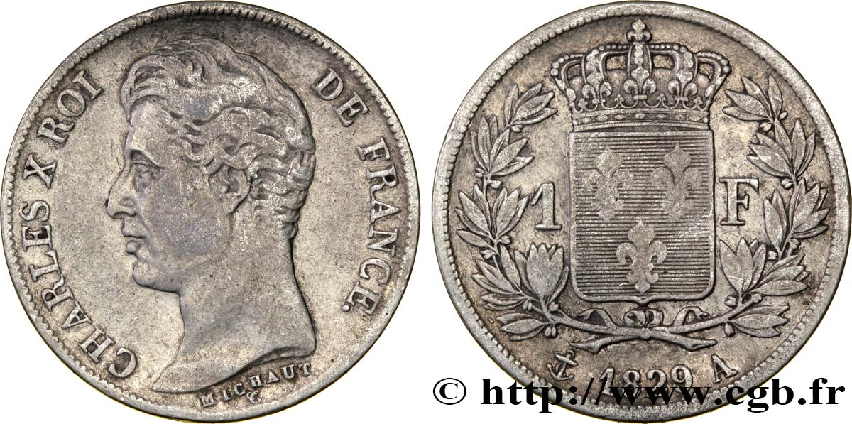 1 franc Charles X, matrice du revers à quatre feuilles 1829 Paris F.207A/12 VF25 