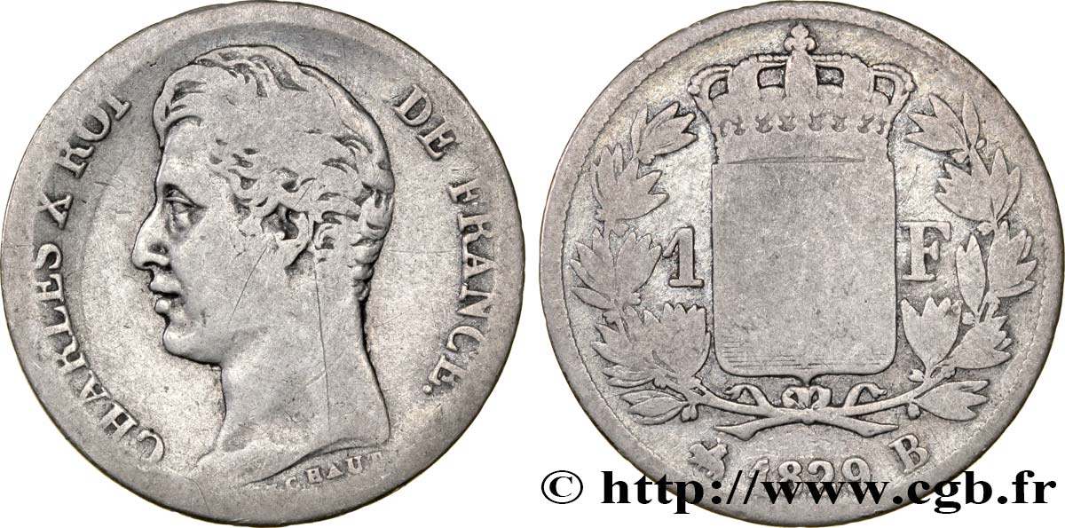 1 franc Charles X, matrice du revers à quatre feuilles 1829 Rouen F.207A/14 VG10 