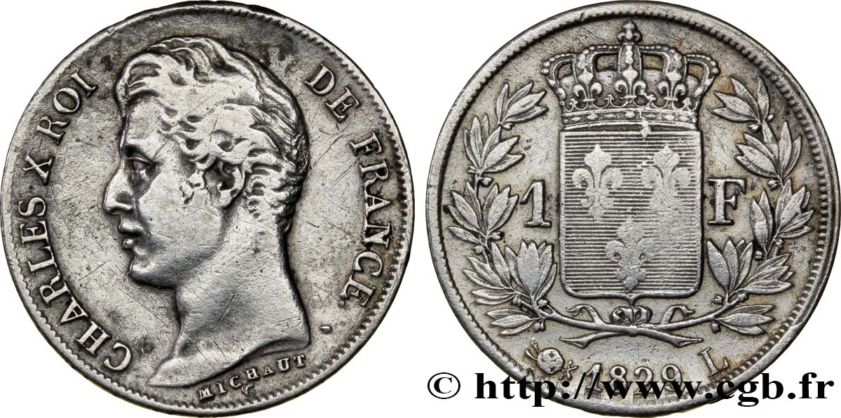 1 franc Charles X, matrice du revers à quatre feuilles 1829 Bayonne F.207A/20 TB18 