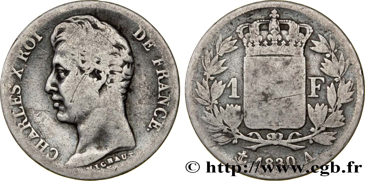 1 franc Charles X, matrice du revers à quatre feuilles 1830 Paris F.207A/26 TB15 