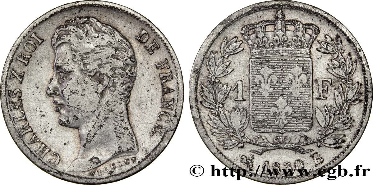 1 franc Charles X, matrice du revers à quatre feuilles 1830 Rouen F.207A/27 TB20 