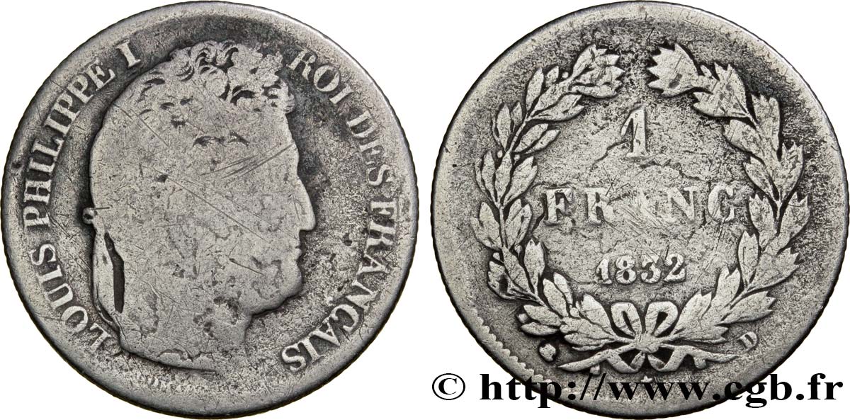 1 franc Louis-Philippe, couronne de chêne 1832 Lyon F.210/4 VG8 