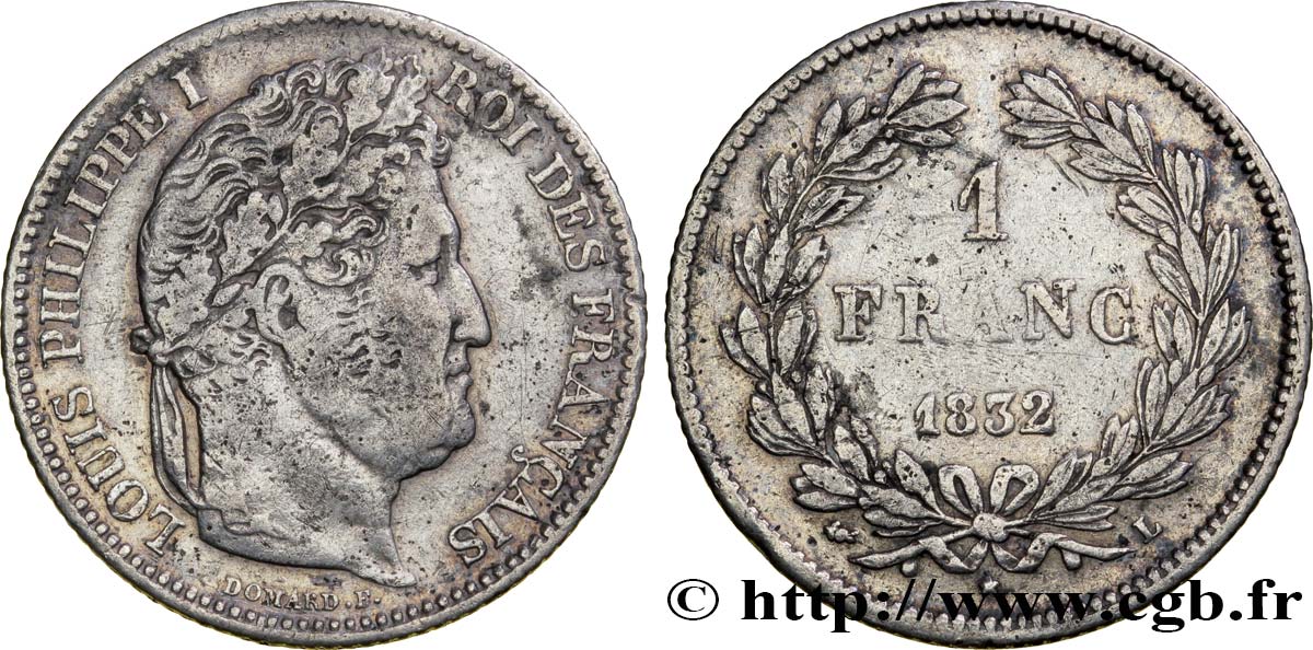 1 franc Louis-Philippe, couronne de chêne 1832 Bayonne F.210/8 XF40 
