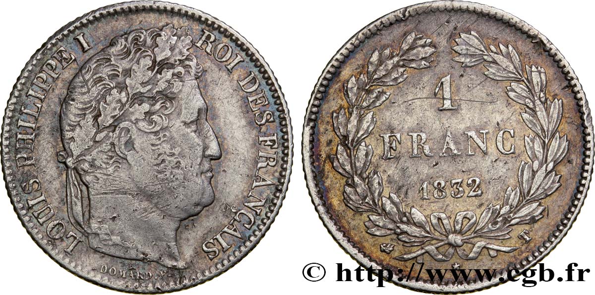 1 franc Louis-Philippe, couronne de chêne 1832 Nantes F.210/12 TB30 