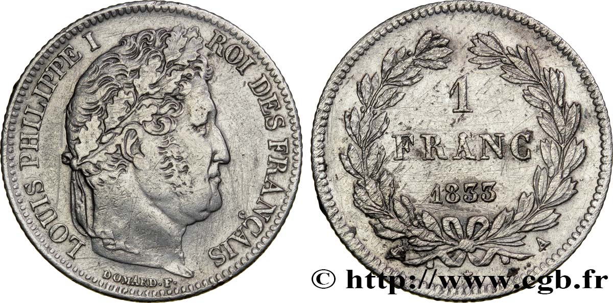 1 franc Louis-Philippe, couronne de chêne 1833 Paris F.210/14 BB45 