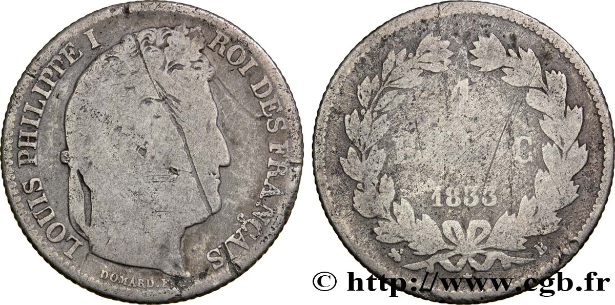 1 franc Louis-Philippe, couronne de chêne 1833 Rouen F.210/15 AG3 