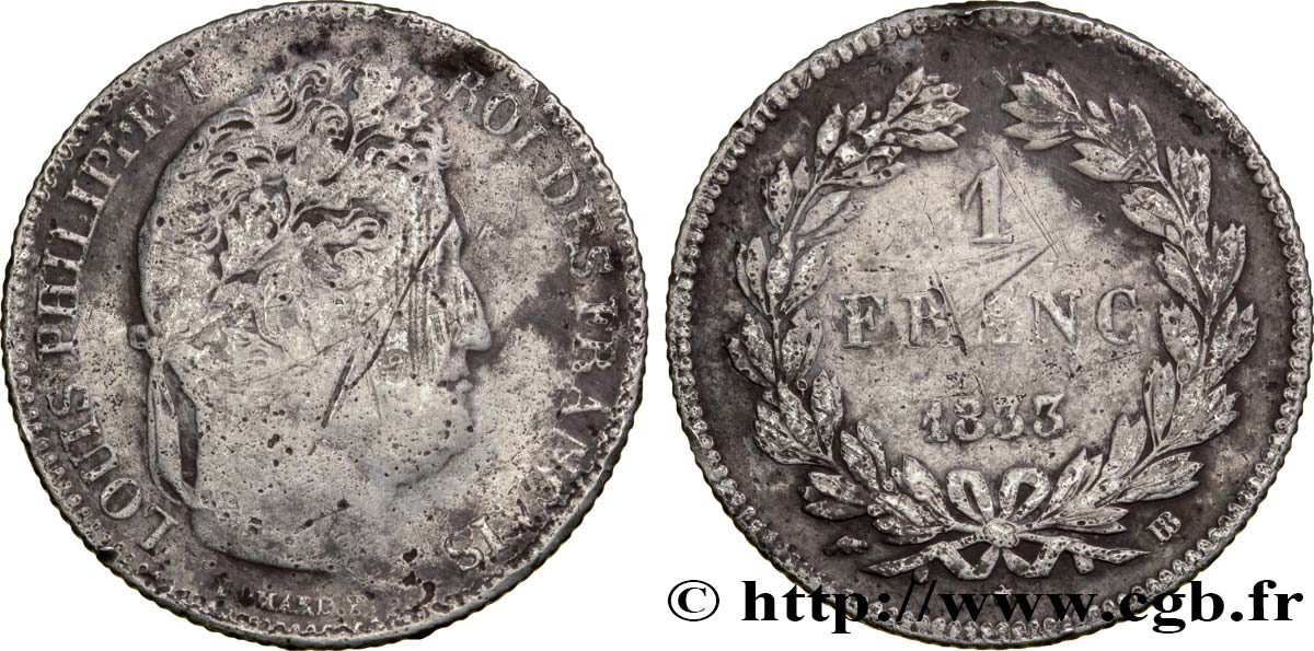 1 franc Louis-Philippe, couronne de chêne 1833 Strasbourg F.210/16 TB18 