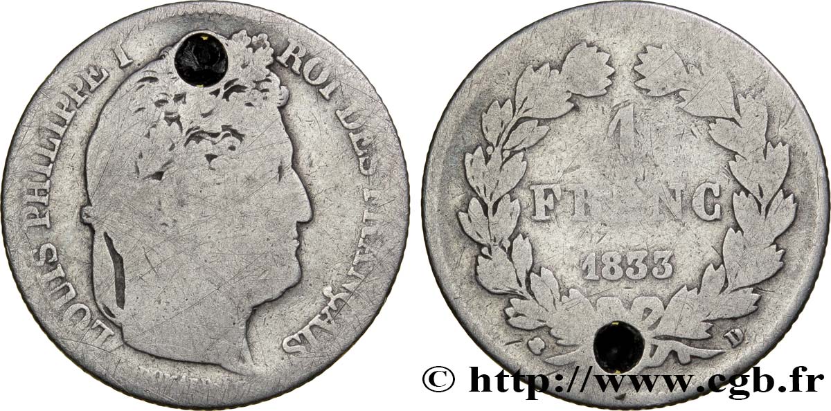 1 franc Louis-Philippe, couronne de chêne 1833 Lyon F.210/17 G4 