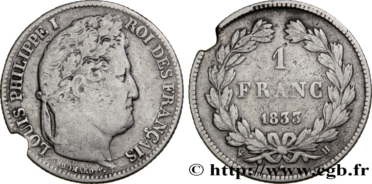 1 franc Louis-Philippe, couronne de chêne 1833 La Rochelle F.210/18 TB 