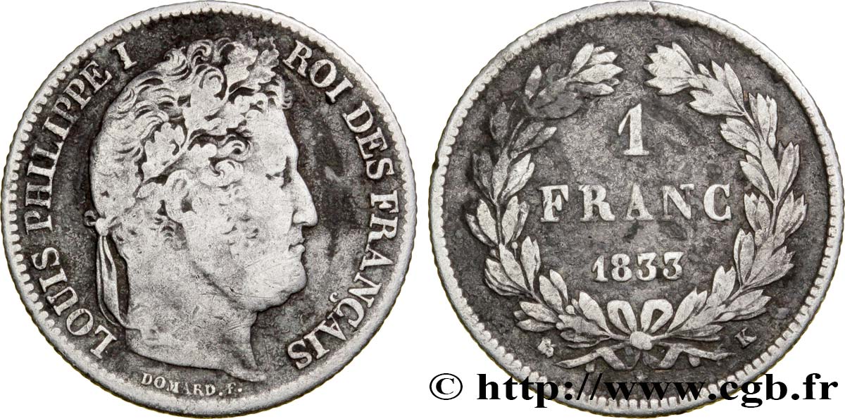 1 franc Louis-Philippe, couronne de chêne 1833 Bordeaux F.210/20 BC20 