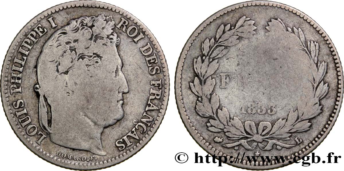 1 franc Louis-Philippe, couronne de chêne 1833 Bayonne F.210/21 SGE8 
