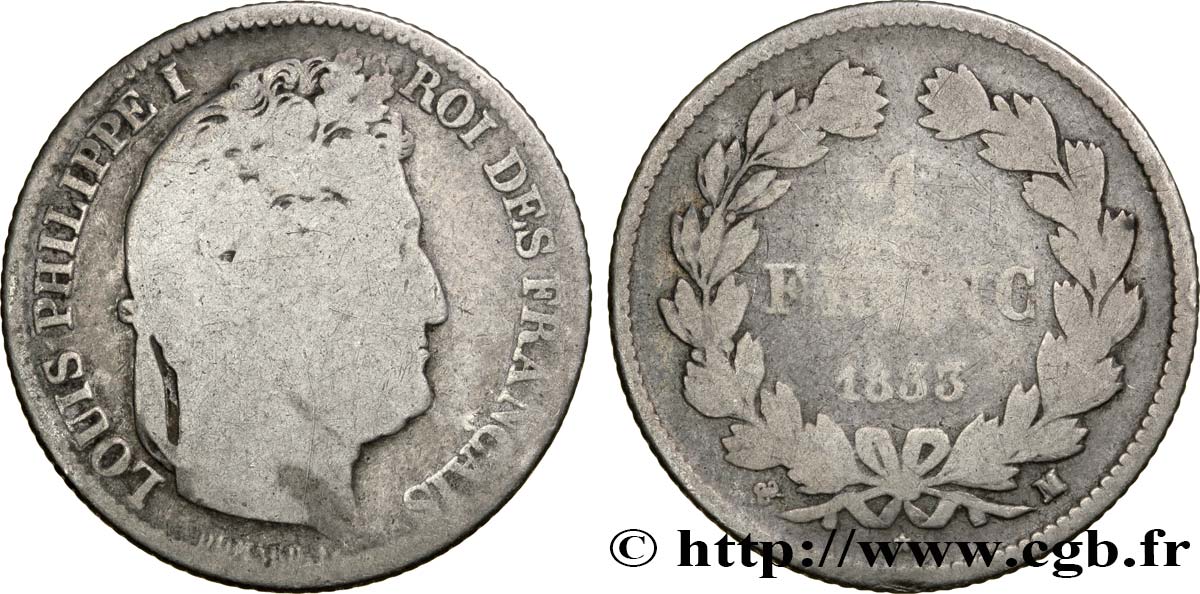 1 franc Louis-Philippe, couronne de chêne 1833 Toulouse F.210/22 VG8 