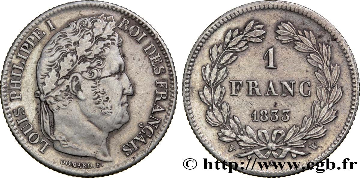 1 franc Louis-Philippe, couronne de chêne 1833 Lille F.210/26 BB45 