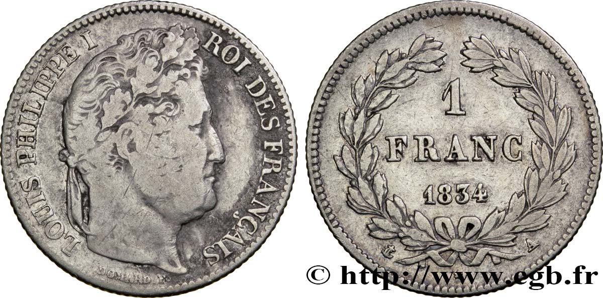 1 franc Louis-Philippe, couronne de chêne 1834 Paris F.210/27 BC25 