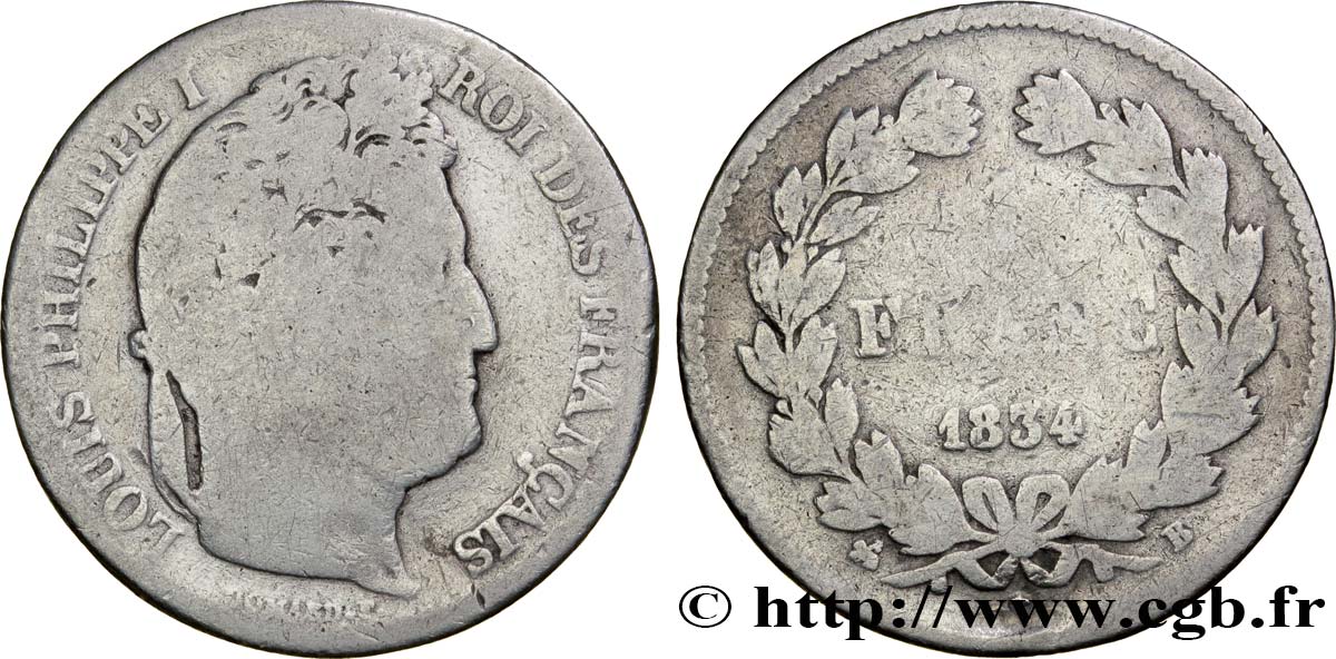 1 franc Louis-Philippe, couronne de chêne 1834 Rouen F.210/28 B6 