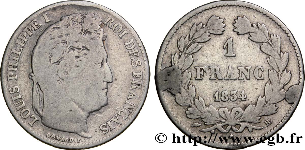 1 franc Louis-Philippe, couronne de chêne 1834 Strasbourg F.210/29 B10 