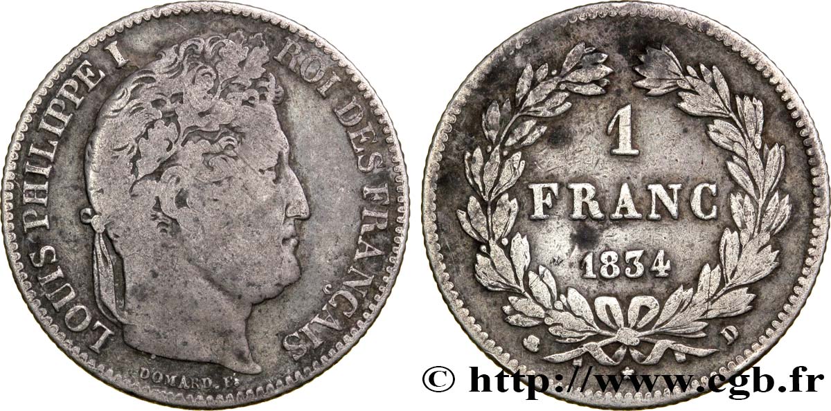 1 franc Louis-Philippe, couronne de chêne 1834 Lyon F.210/30 TB28 