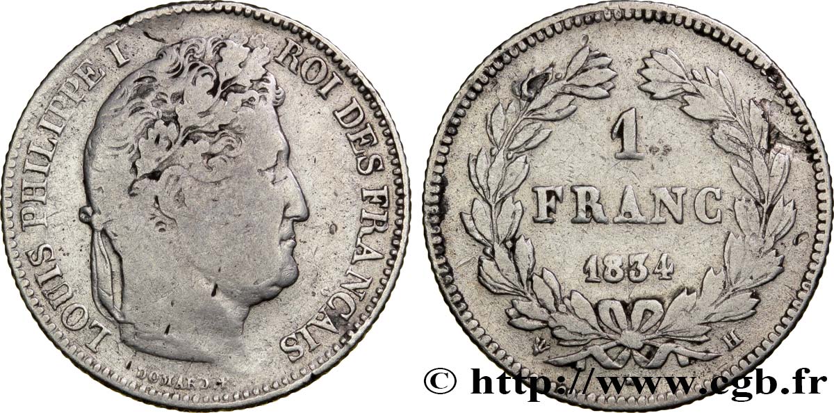 1 franc Louis-Philippe, couronne de chêne 1834 La Rochelle F.210/31 MB15 