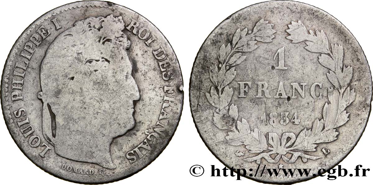 1 franc Louis-Philippe, couronne de chêne 1834 Bayonne F.210/34 GE5 