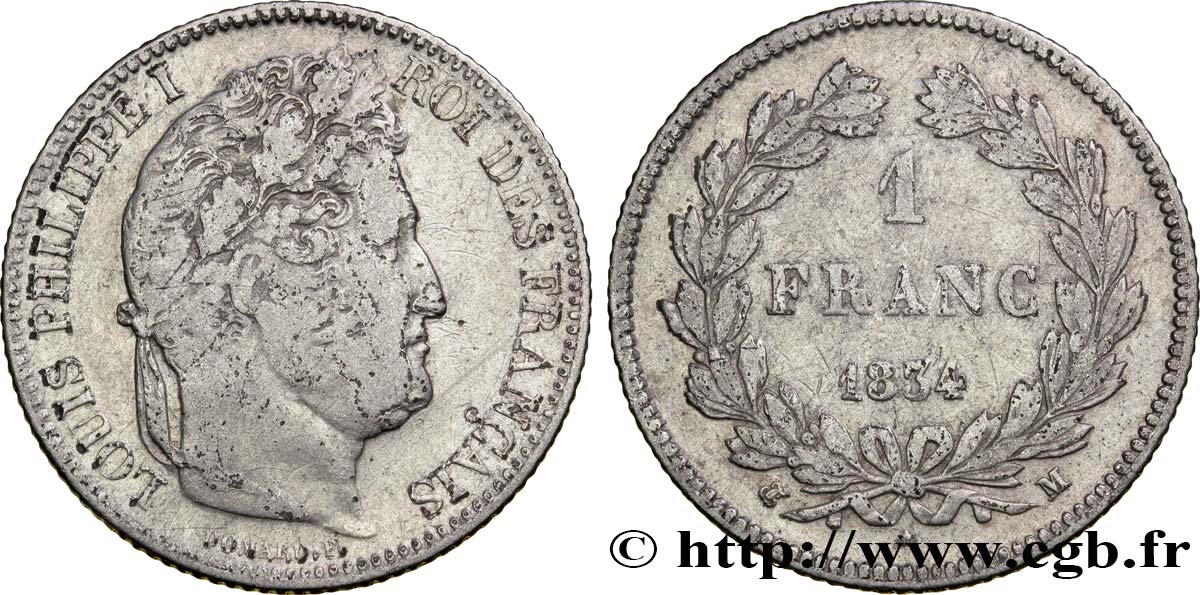 1 franc Louis-Philippe, couronne de chêne 1834 Toulouse F.210/35 TB15 