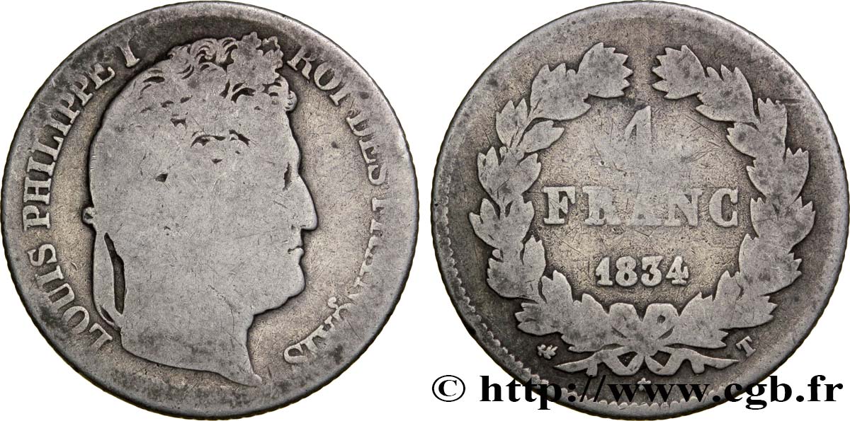 1 franc Louis-Philippe, couronne de chêne 1834 Nantes F.210/38 VG8 