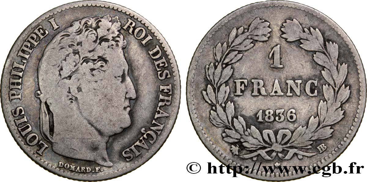 1 franc Louis-Philippe, couronne de chêne 1836 Strasbourg F.210/52 F18 