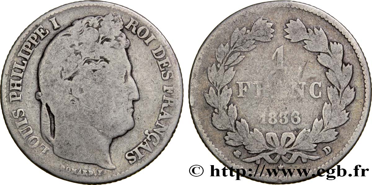 1 franc Louis-Philippe, couronne de chêne 1836 Lyon F.210/53 VG8 