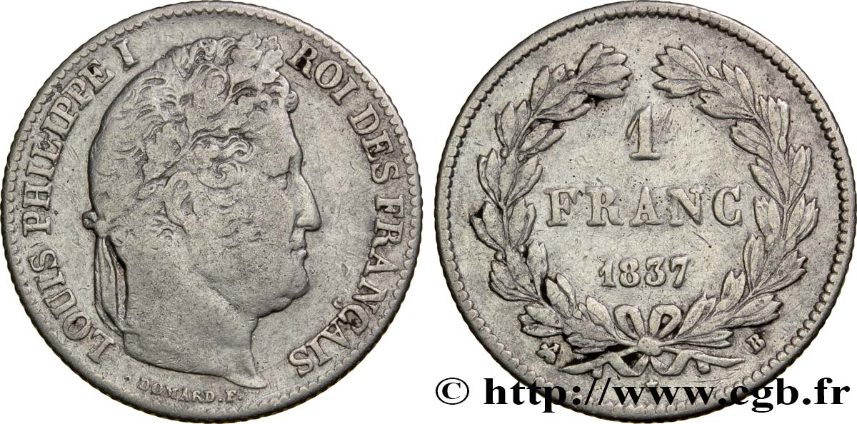 1 franc Louis-Philippe, couronne de chêne 1837 Rouen F.210/56 MB25 