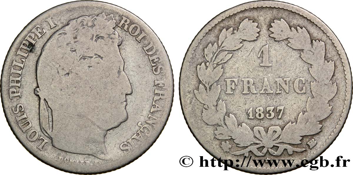 1 franc Louis-Philippe, couronne de chêne 1837 Strasbourg F.210/57 G5 