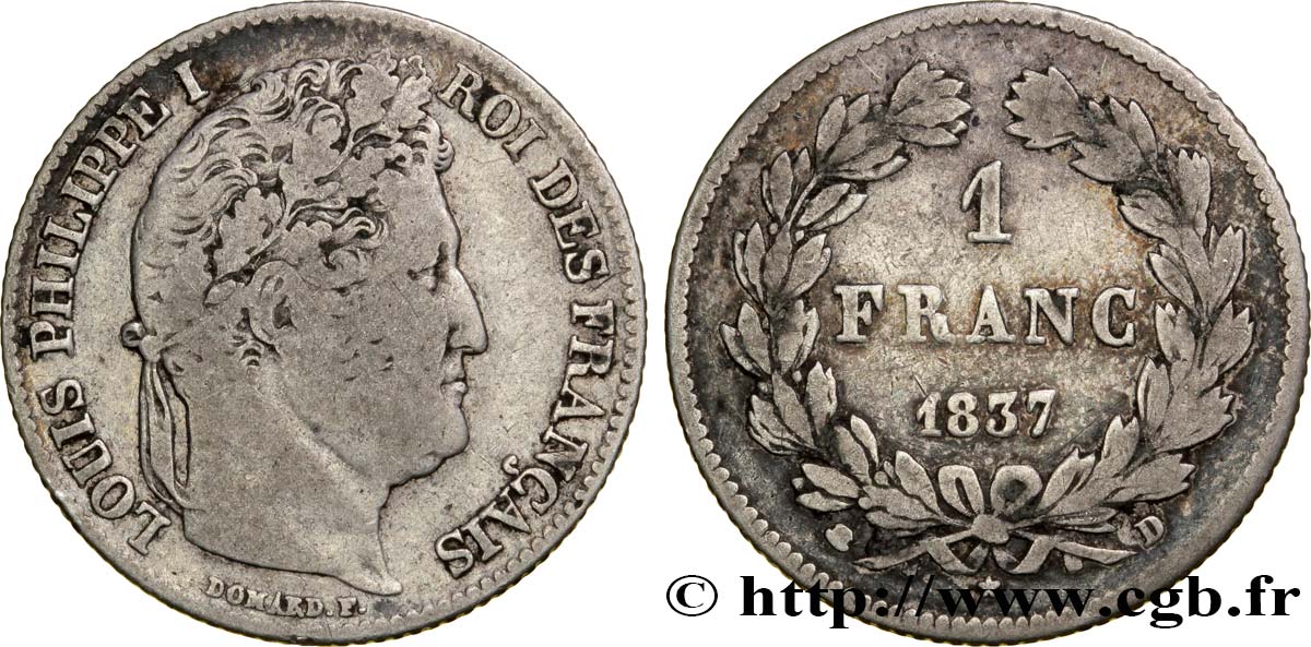 1 franc Louis-Philippe, couronne de chêne 1837 Lyon F.210/58 TB20 