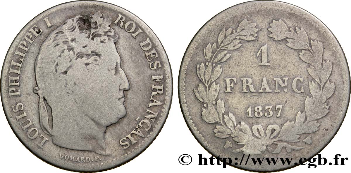 1 franc Louis-Philippe, couronne de chêne 1837 Lille F.210/61 VG8 