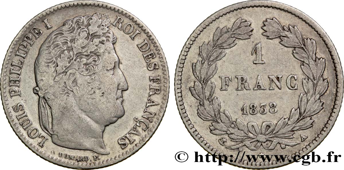 1 franc Louis-Philippe, couronne de chêne 1838 Paris F.210/62 S20 