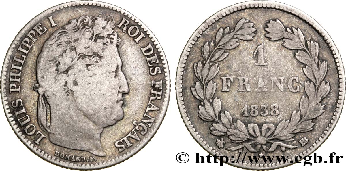 1 franc Louis-Philippe, couronne de chêne 1838 Strasbourg F.210/64 BC15 