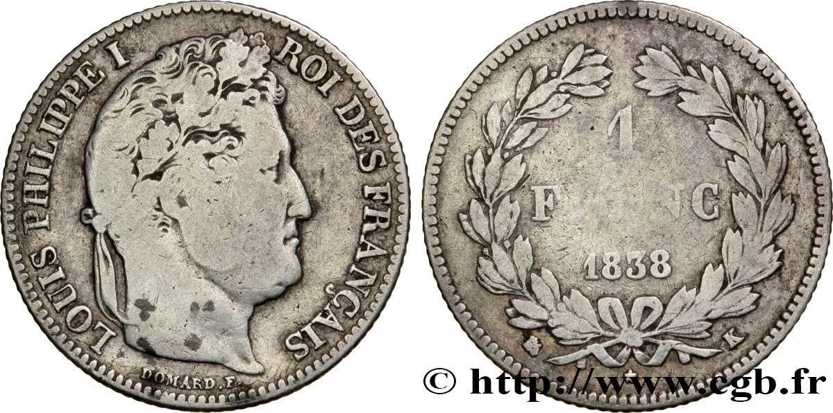 1 franc Louis-Philippe, couronne de chêne 1838 Bordeaux F.210/65 B13 