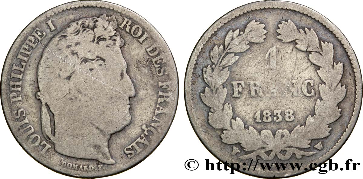 1 franc Louis-Philippe, couronne de chêne 1838 Lille F.210/66 B8 