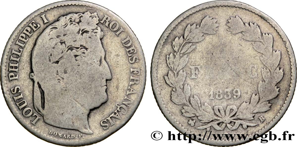 1 franc Louis-Philippe, couronne de chêne 1839 Rouen F.210/68 VG8 