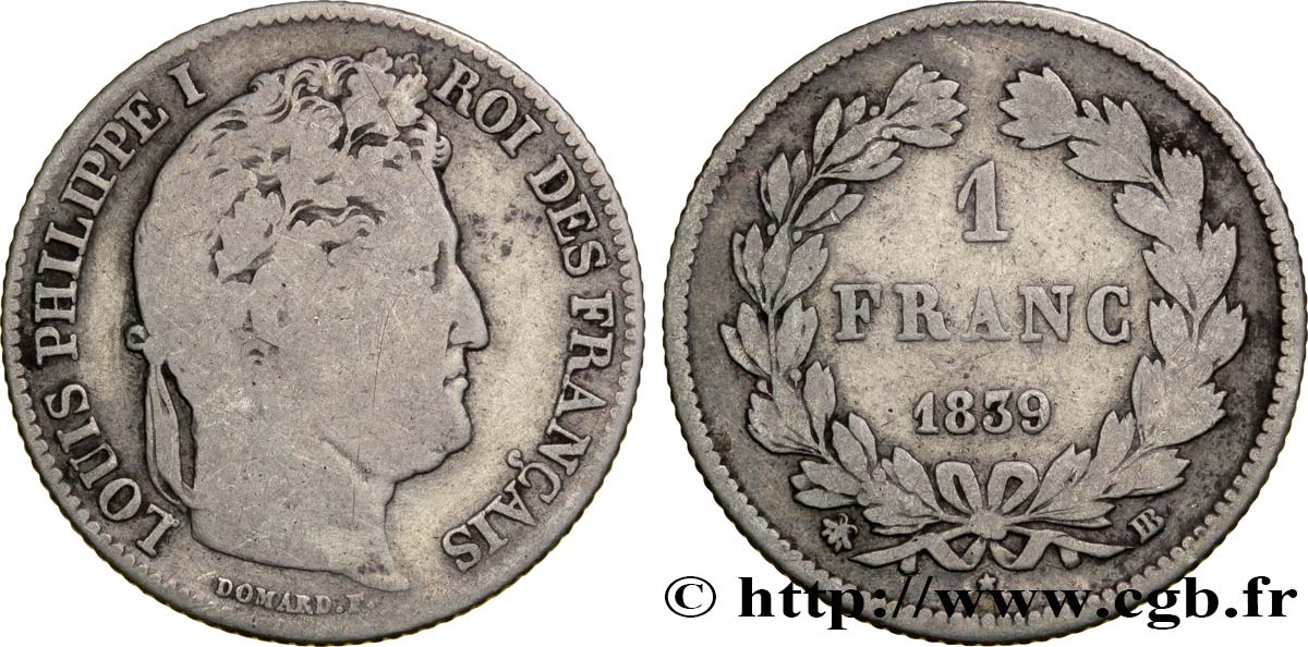 1 franc Louis-Philippe, couronne de chêne 1839 Strasbourg F.210/69 SGE12 
