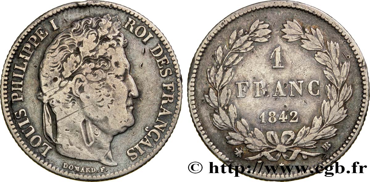 1 franc Louis-Philippe, couronne de chêne 1842 Strasbourg F.210/87 BC25 