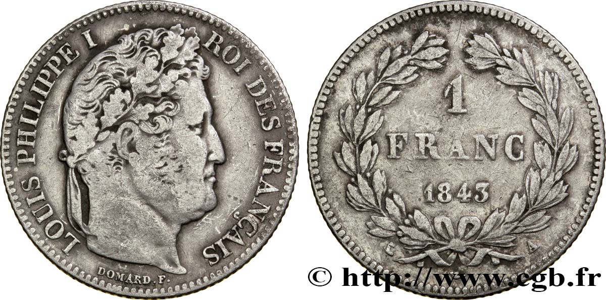 1 franc Louis-Philippe, couronne de chêne 1843 Paris F.210/90 BC35 