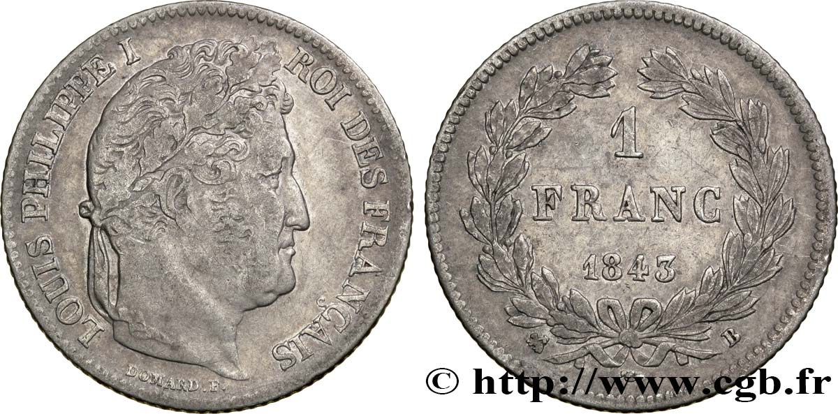 1 franc Louis-Philippe, couronne de chêne 1843 Rouen F.210/91 TB35 