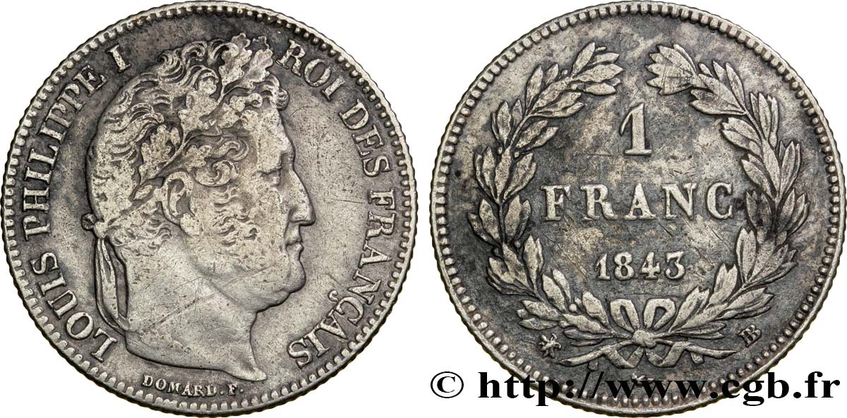 1 franc Louis-Philippe, couronne de chêne 1843 Strasbourg F.210/92 MB38 