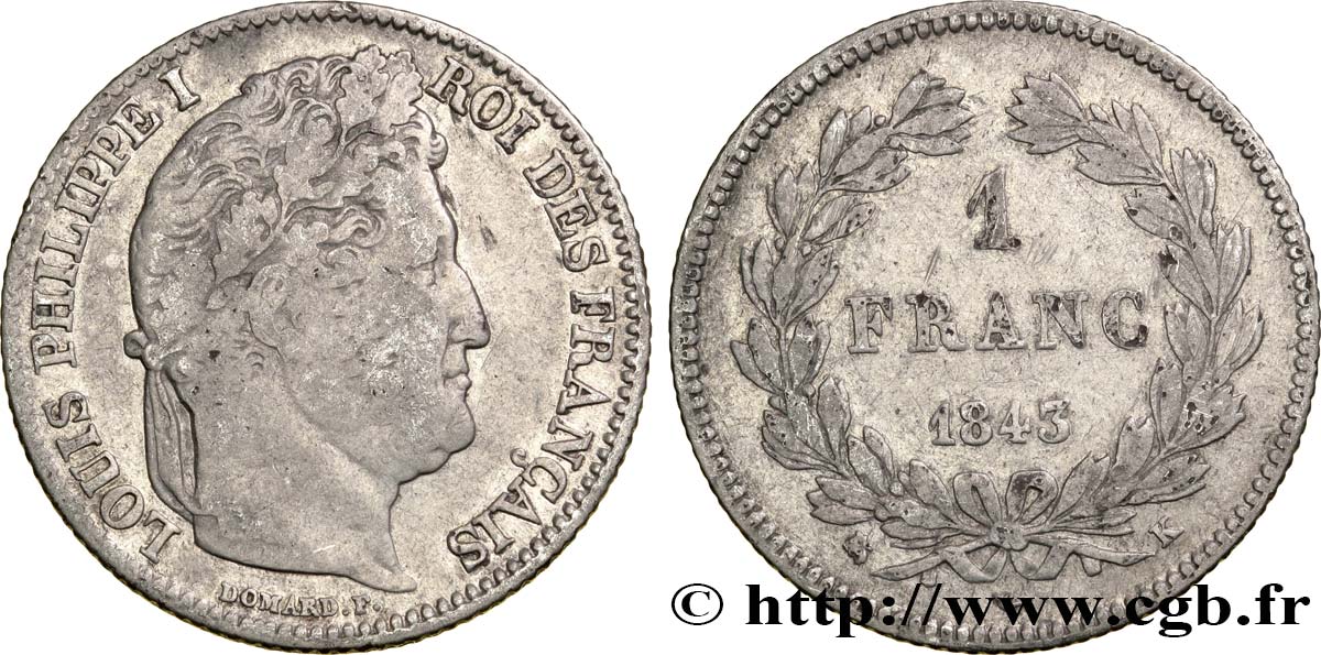 1 franc Louis-Philippe, couronne de chêne 1843 Bordeaux F.210/93 S20 